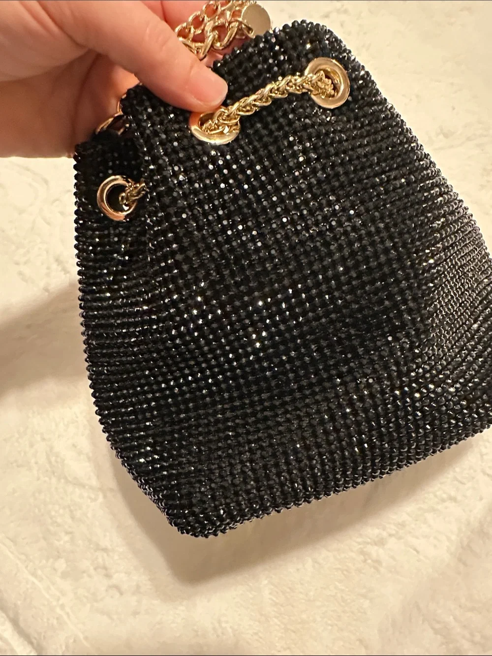 Olga Berg Black Beaded Crossbody Bucket Bag with Gold Chain & Tassels